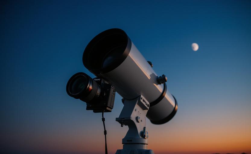 DSLR camera mounted to a large telescope targeting the moon