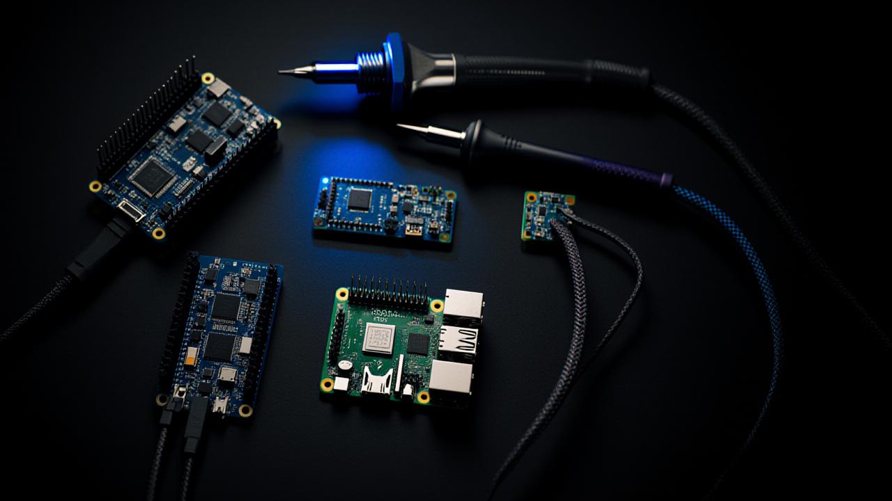 A modern electronics workbench with Raspberry Pi components and IoT sensors